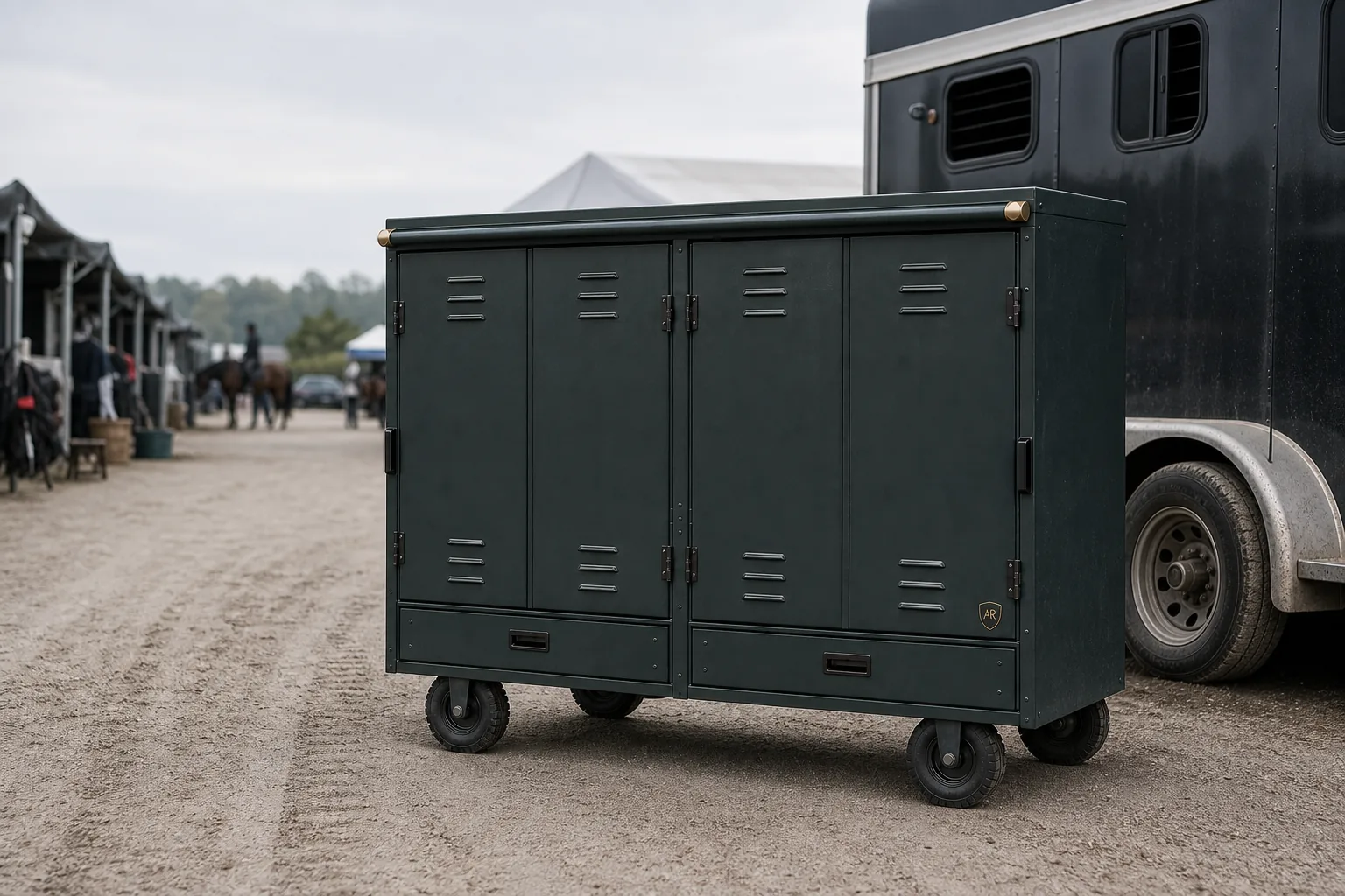 Show Locker beside a horse trailer at an overcast showground