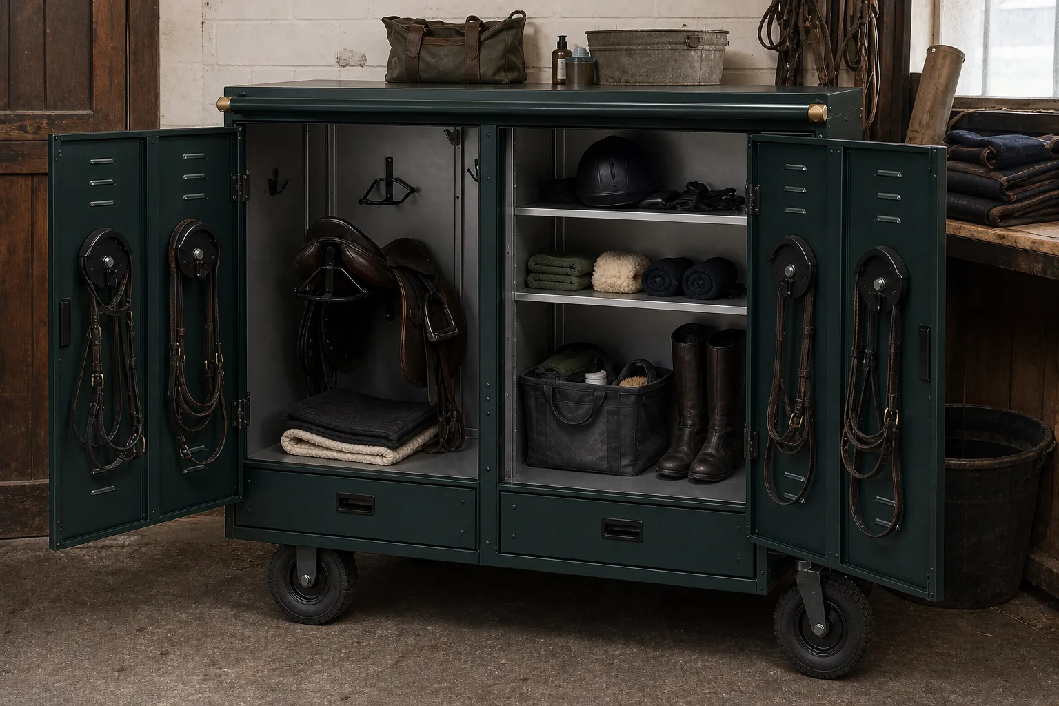 Open Field Green locker organized with a saddle, bridles, helmet, boots, wraps, and grooming supplies