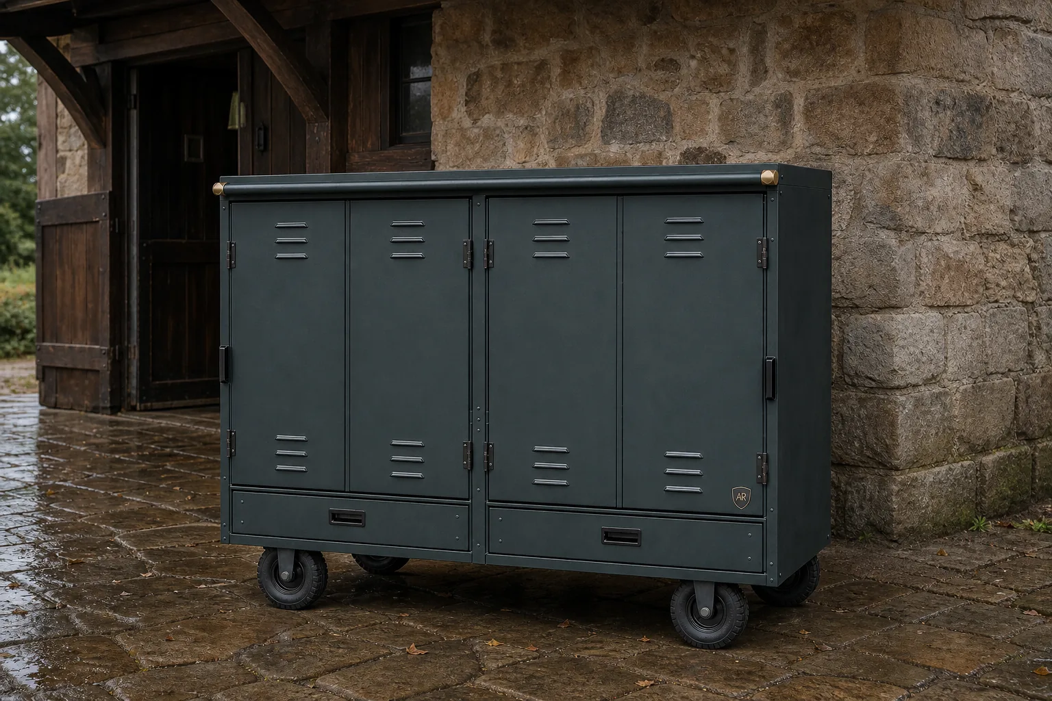Show Locker under a stable eave after rain