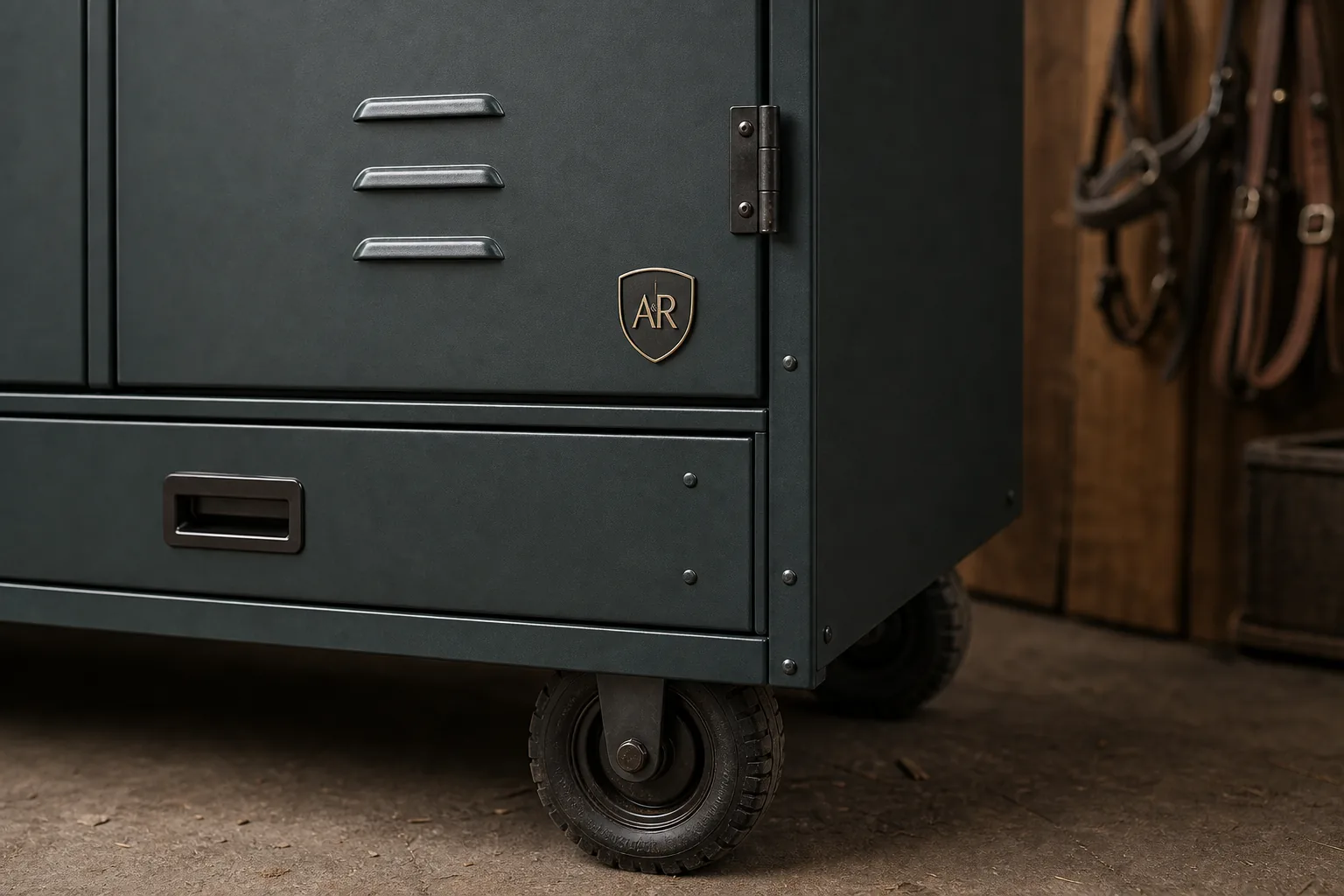 Close view of The Show Locker finish, Gate Crest badge, drawer pull, hinges, and rolling base
