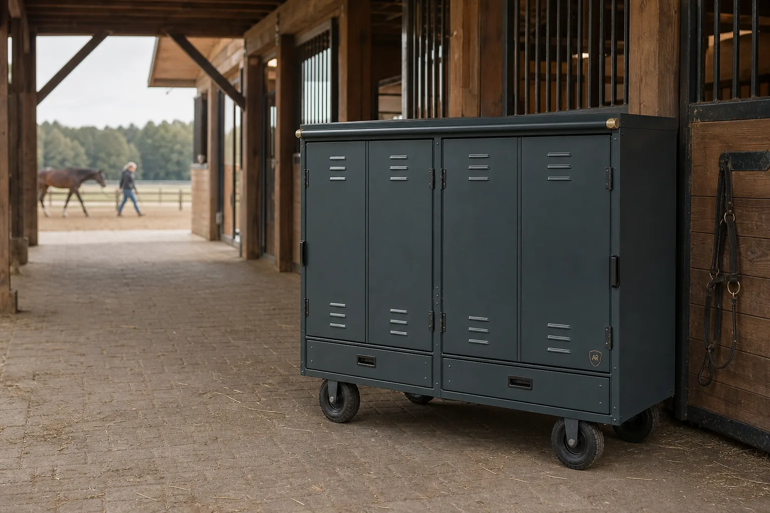 Field Green Show Locker in a working barn breezeway with a rider and horse in the distance